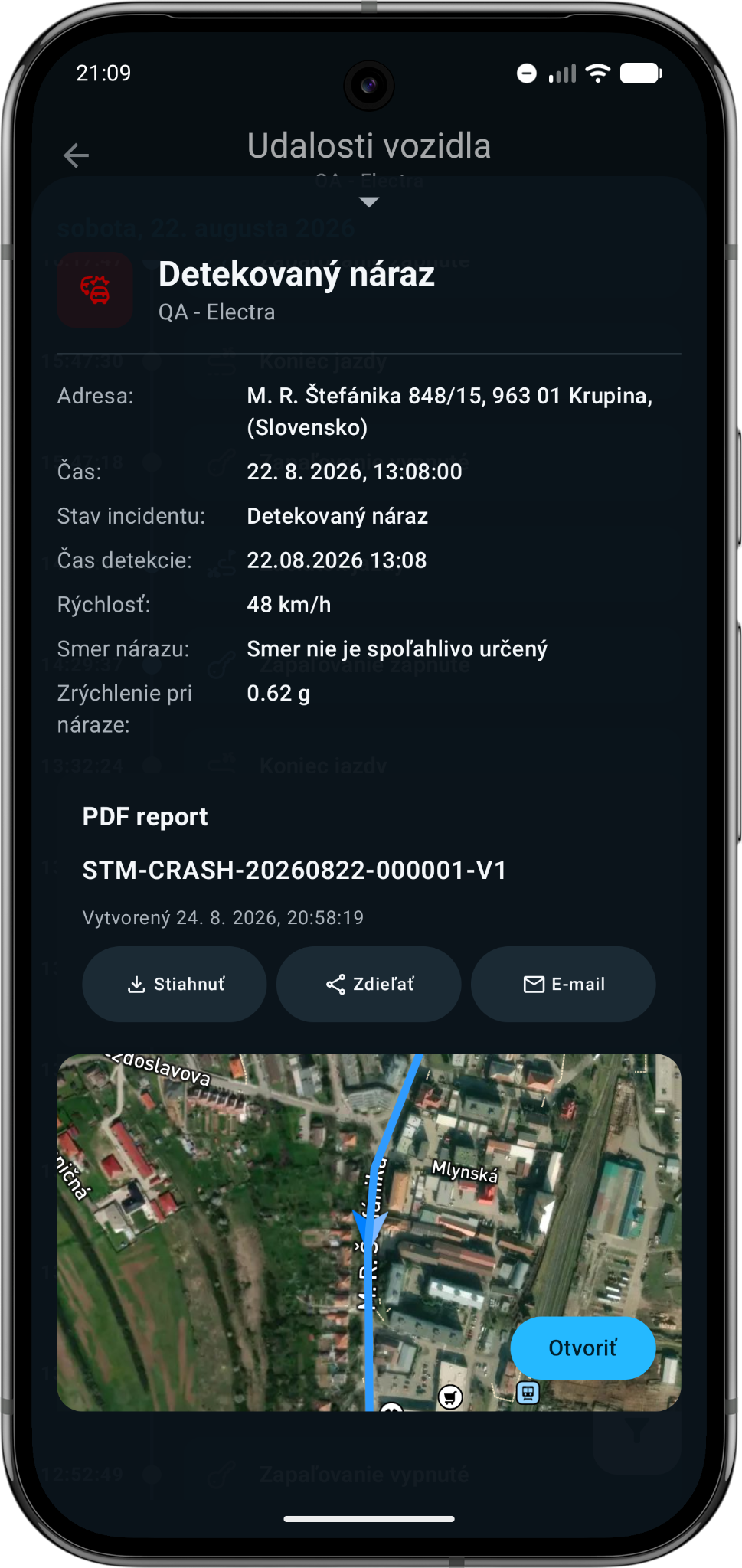 Details und Bericht zu einem erkannten Unfall in der Sentrymo-App