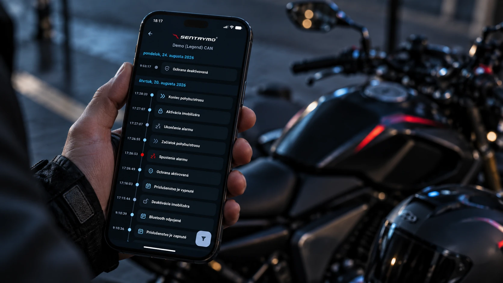 Motorcycle protection events in the Sentrymo app
