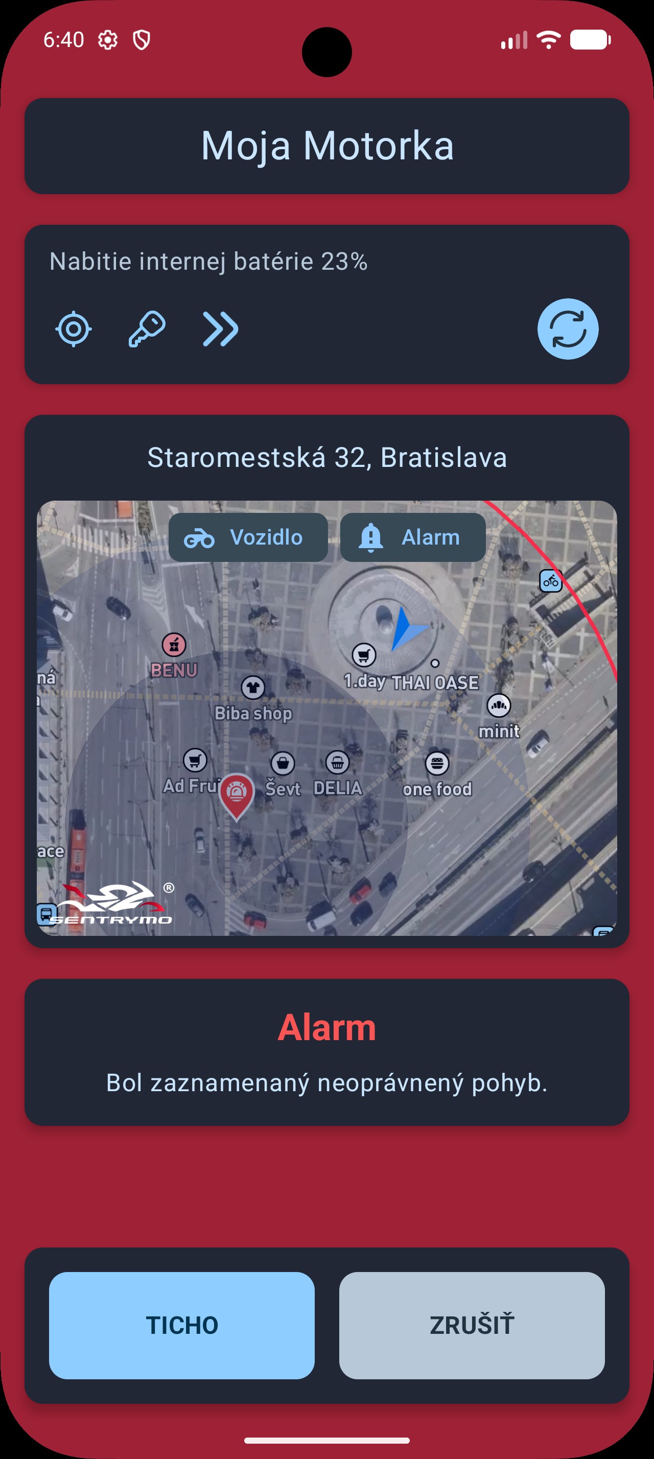 Ukážka Sentrymo aplikácie s mapou a upozornením