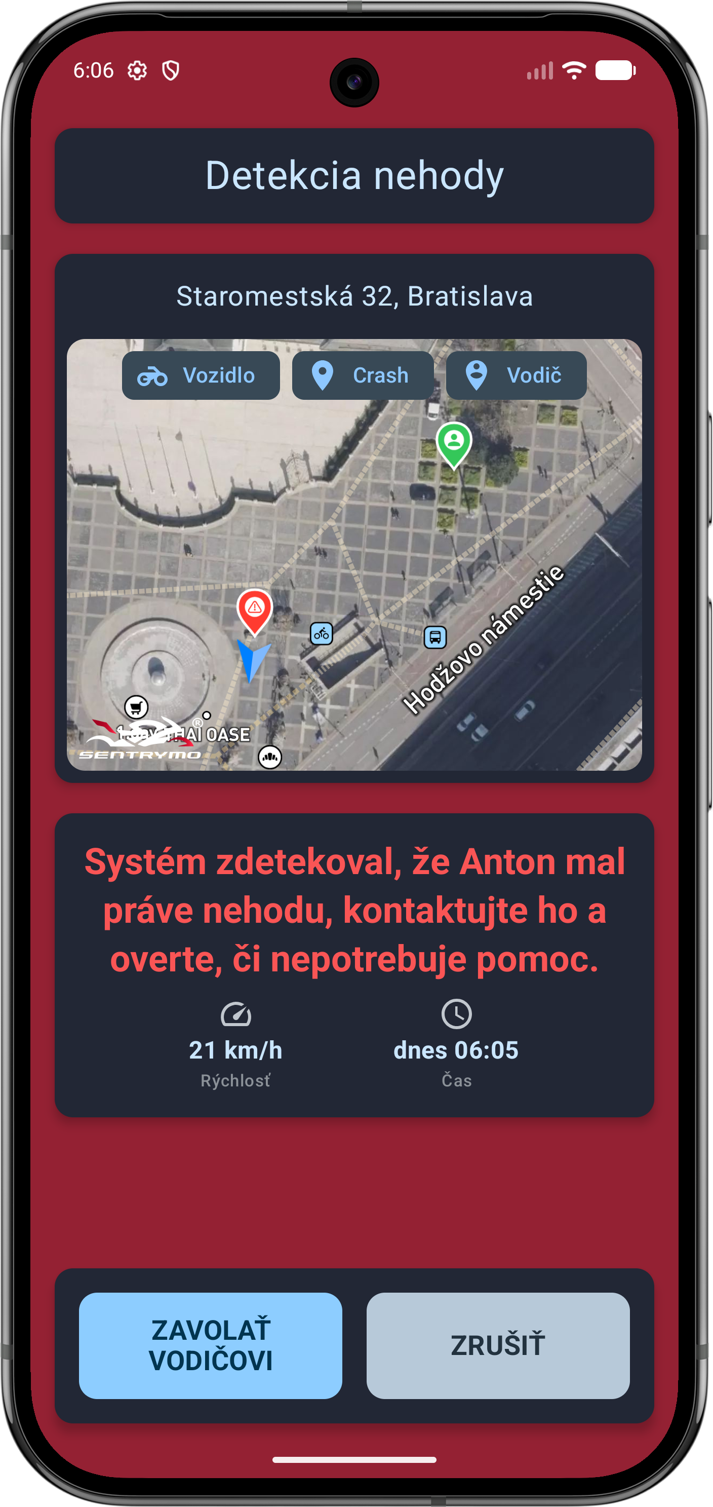 História jázd v aplikácii Sentrymo